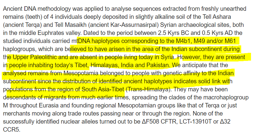 Recent DNA study of samples taken from 2500 BC indicates that the mtDNA which arise in Indian subcontinent is still present in inhabitants of today's while it is extinct in habitants of Mesopotamia. Indication of 'Aryan Outward Migration'. https://journals.plos.org/plosone/article?id=10.1371/journal.pone.0073682 @PhasistB 12/n