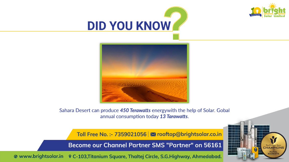 BrightSolarLtd's tweet photo. Did you know that the Sahara Desert can produce 450 energy with the help of solar, Global annual consumption today 13 Terawatts
#solarenergy #BrightSolar #Mondaymotivation https://t.co/NKfiCKHeVX