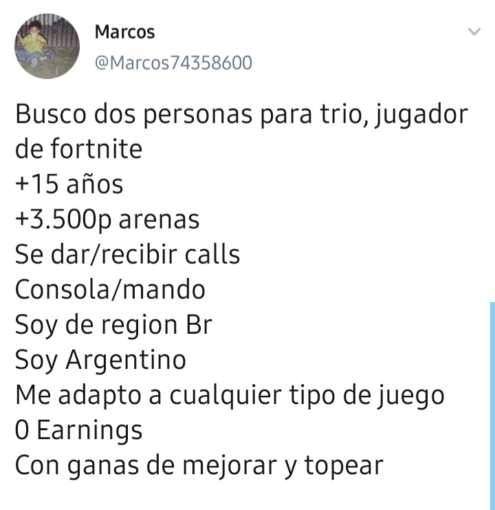 Marcos74358600's tweet photo. Busco dos personas para trio, fortnite
Mi info: 
15 Años
+3.500p arena
Se dar y recibir calls
Consola/mando
Region Br
Argentino
Me adapto a cualquier estilo de juego https://t.co/zNpyb9NbkI