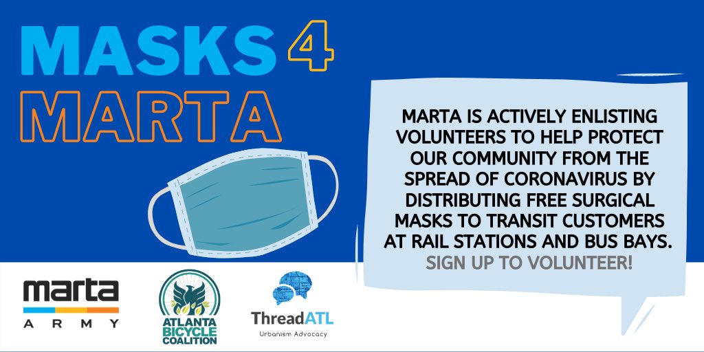 MARTAarmy's tweet photo. Operation Masks-4-MARTA is live! We need your help to distribute free masks to MARTA customers to prevent the spread of COVID-19. Find more information at https://t.co/FQpKQOxdOl and sign up to volunteer at https://t.co/OFQUif8I9G https://t.co/W0XP60gK2b