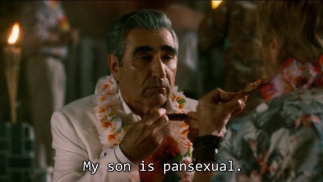 LGBTQ+ representation!!! the main character is openly pansexual and daniel levy, the creator, has made it his mission to not include homophobia in the town of schitt’s creek as if not to give homophobes that power!