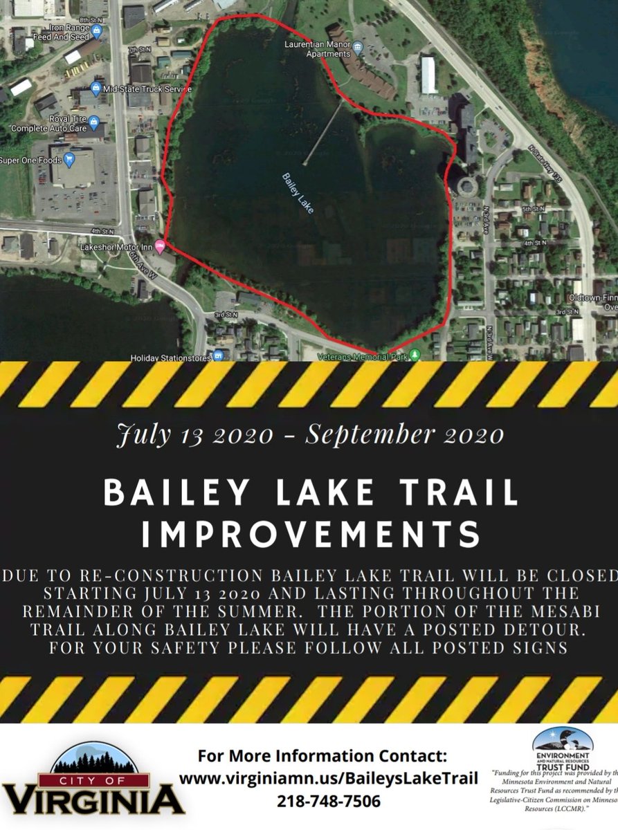 VRecreation's tweet photo. Beginning tomorrow,  July 13 2020 Baileys Lake Trail will be closed for Reconstruction.   The Mesabi Trail has detour signs posted. Please do not attempt to utilize the trail until construction is complete. We apologize for any inconvenience this may temporarily cause. https://t.co/7QYM8T1DhA