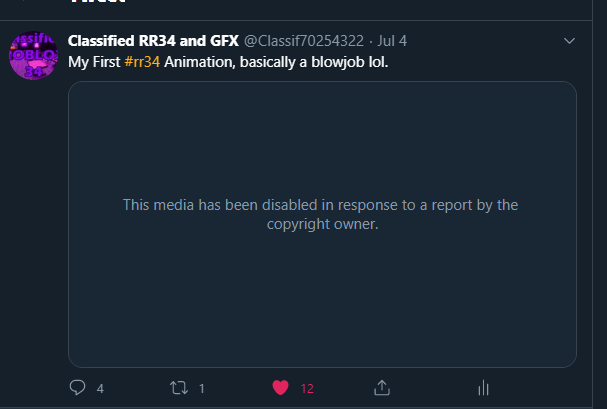 ClassifiedRR34's tweet photo. I just God DMCA notice because I "copied" Roblox Work. Bro I just do my own shit, I don't need Roblox. 
So apparently Roblox owns that video I uploaded, What do you guys think? 
#rr34 https://t.co/6iyDKRMI54