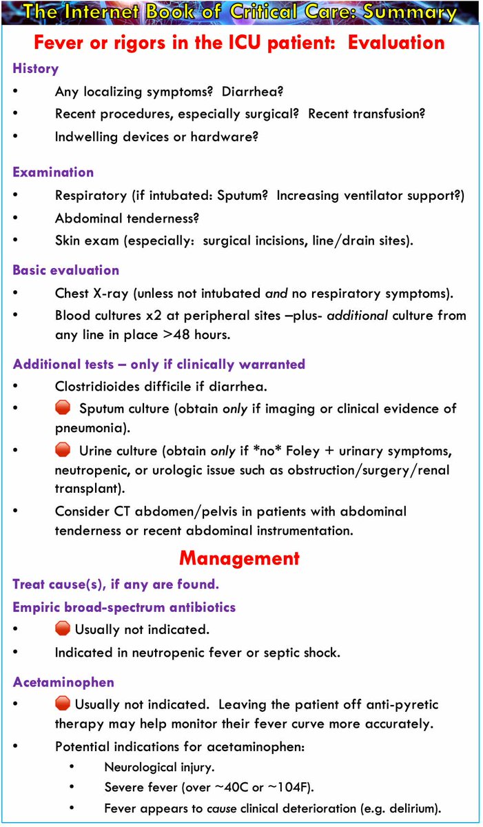 PulmCrit's tweet photo. Fever workup in the ICU - fresh @iBookCC chapter
🤒 think &amp; examine more, test less
🤒 don't reflexively culture urine &amp; sputum (often false-positive 2/2 colonization)
🤒 don't confuse antibiotics with antipyretics (usually *neither* are helpful!)
https://t.co/NvwVBIIcJZ https://t.co/f6JXlhBpQo