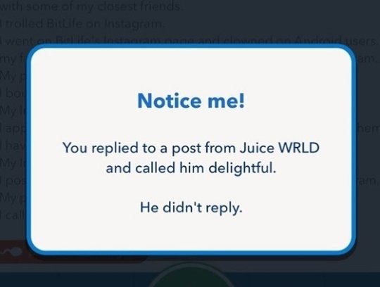 PurpleBitLife's tweet photo. Uh maybe because he's DEAD... #BitLife #Android #BitLifeAndroid #BitLife4Life #BitLifeGame #JuiceWRLD #SadMemories https://t.co/ce5uLl5ihi