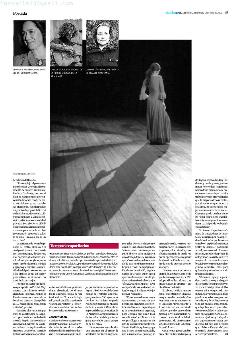 sidartearau's tweet photo. Compartimos con ustedes la entrevista que el diario @AustralTemuco realizó a distintos representantes artísticos de la región, donde nuestra presidenta Lin Cardenas expone la realidad que atravesamos como sector artístico y el escenario que proyectamos como gremio. https://t.co/QsE13RolfT