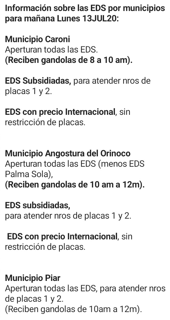 PableOstos's tweet photo. [ATENCIÓN] #12Jul | [ATENCIÓN] #12Jul Este #13Jul SÍ surtirán combustible⛽

En las subsidiadas atenderán los terminales de placa 1 y 2. En las no subsidiadas sin control de placa.
 
En Caroní trabajarán TODAS las E/S https://t.co/hiQAFI62n6
