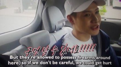 when they were driving around a nice neighborhood in LA saying how cool it’d be to live there and taemin was like excuse me no gun control here