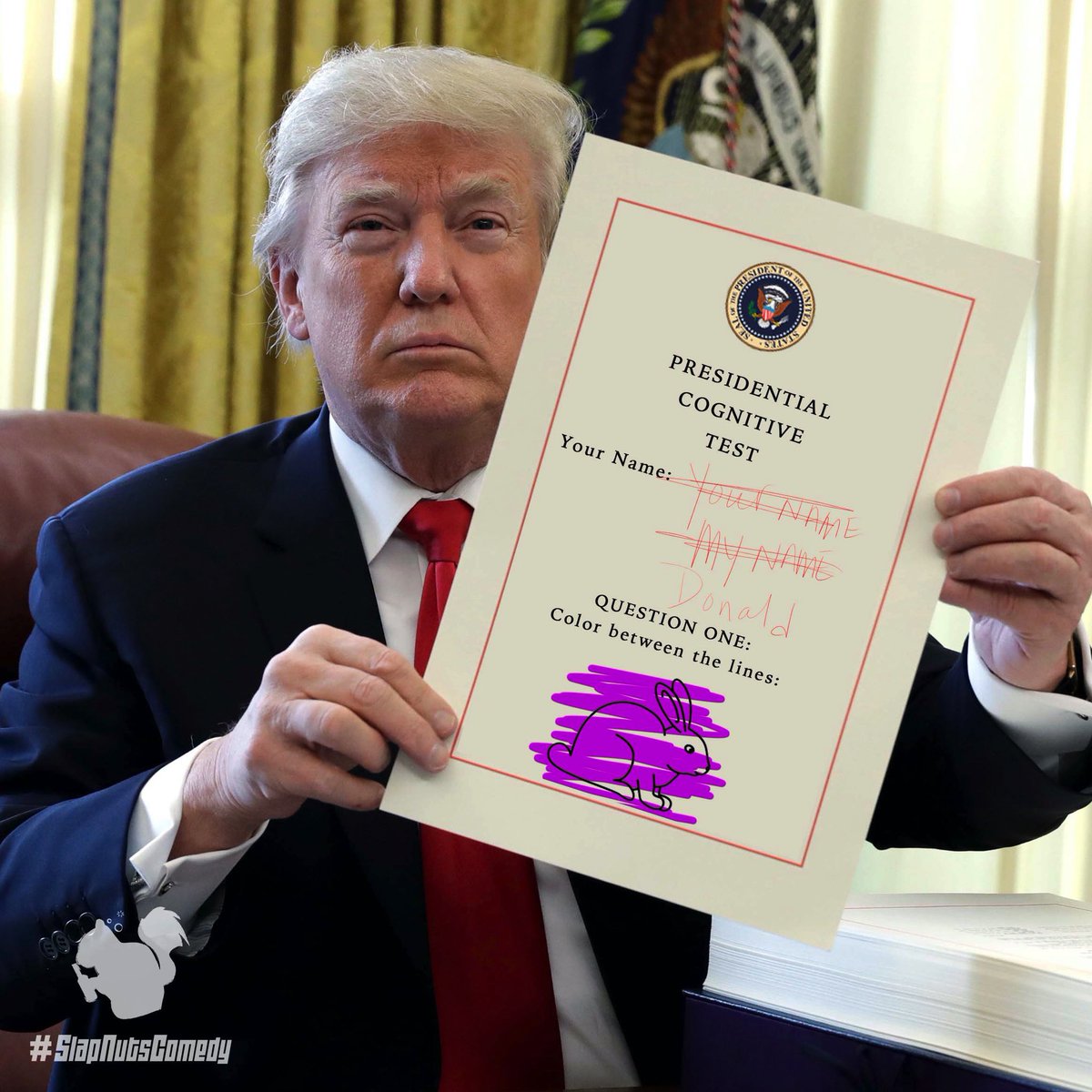 SlapNutsComedy's tweet photo. Looks like the presidential cognitive test is pretty challenging...
•
•
•
#slapnuts #slapnutscomedy #comedy #joke #laugh #funny #sketchcomedy #nyc #lol #presidenttrump #drumph #notmypresident #cognitivetest #dumb #stupid #meme #politics #politicalmemes #funnymemes #photoshop https://t.co/QgTXDgkUjl