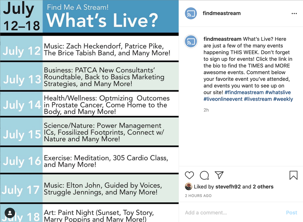 What's #Live July 12-18 <a href="/gotoPER/">PER</a> <a href="/Infineon/">Infineon</a> <a href="/smithsonian/">Smithsonian</a> <a href="/Monika_Dunkel/">Monika Dunkel</a> @305fitness <a href="/eltonofficial/">Elton John</a> <a href="/_GuidedByVoices/">Guided By Voices</a> <a href="/youngstrugg/">Struggle Jennings</a> <a href="/yaymaker/">Yaymaker</a> <a href="/davejgiles/">Dave Giles</a>
Follow #LiveStreams #painting #art #science #events #livemusic #nature #business #exercise <a href="/findmeastream/">Find Me A Stream!</a>