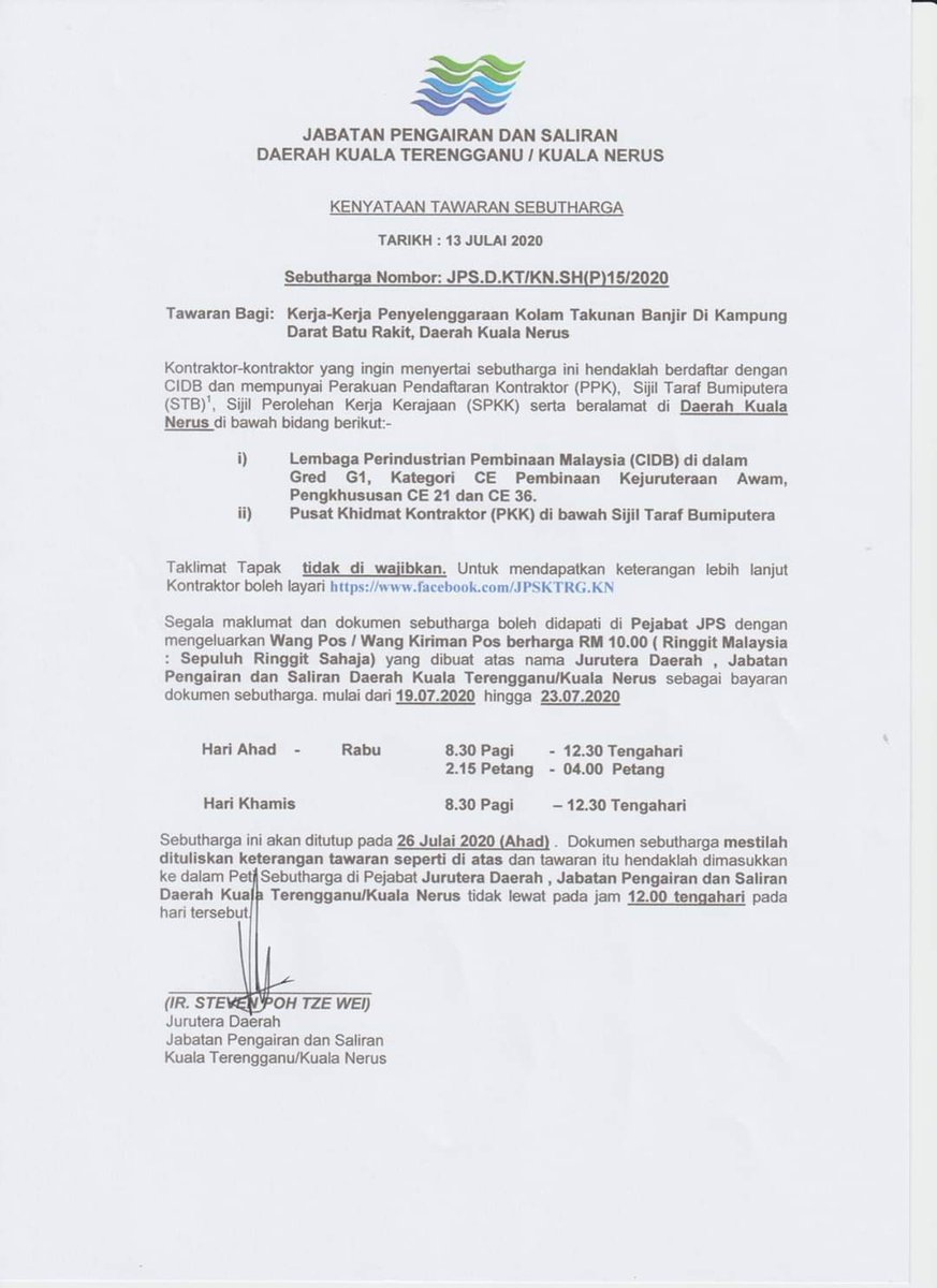 JpsKtkn's tweet photo. TAWARAN SEBUTHARGA

13.07.2020
JPS D KT/KN SH(P)15/2020

Kerja-kerja Penyelenggaraan Kolam Takungan Banjir Di Kampung Darat Batu Rakit, Daerah Kuala Nerus.

#jpsktkn https://t.co/5hSZHHSWqy