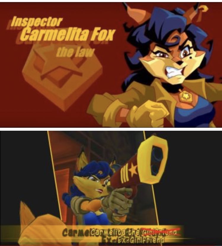 _NerdFox_'s tweet photo. ”Sanzaru’s title cards calling Carmelita “The Ex-Girlfriend” instead of “The Law” was accidentally a perfect summary of how the two studios handled her character” - Designraccoon #slycooper #slycooper4 @SanzaruGames https://t.co/MJhKhhklRd