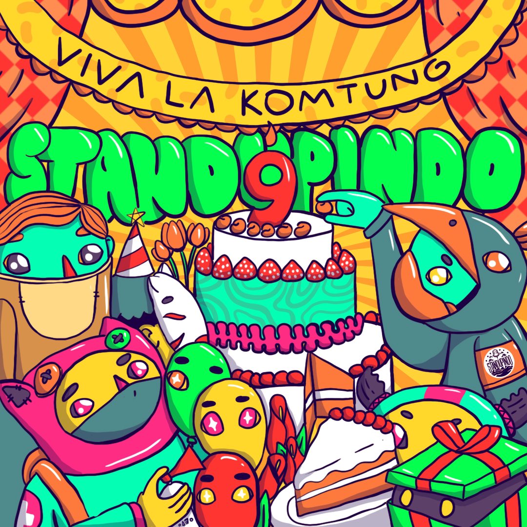 Standupindo's tweet photo. Hari ini sudah 9 tahun hore. Terima kasih untuk kalian yang selalu mendukung kami semua. Sampai bertemu segera ya.
#9thStandupindo 

Artwork: @ruasrusa https://t.co/JJdS6mrWFg
