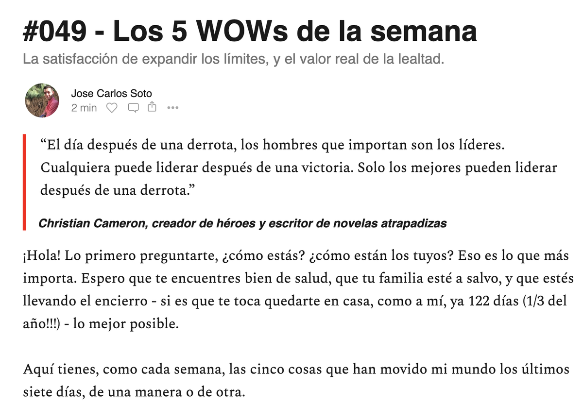 jcarlossoto's tweet photo. Cada semana comparto las 5 cosas que he aprendido, visto, pensado, leído... o que más me han gustado en un sencillo #newsletter.

Acabo de sacar el último, lo puedes ver aquí https://t.co/v0eeX5tVu0 , comentarlo y suscribirte (¡ya somos más de 5,000!). https://t.co/UxH5BMWxtN