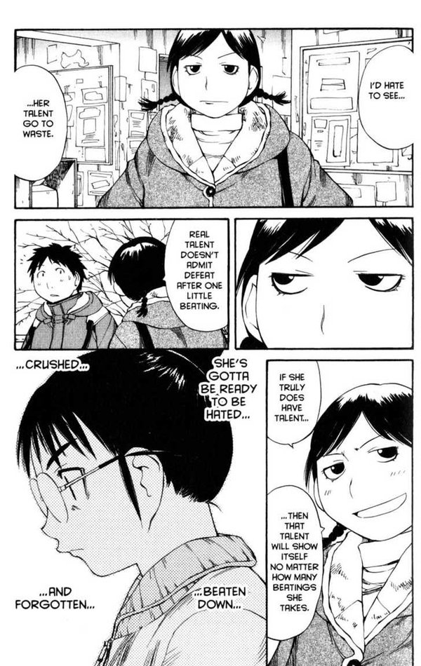 With all this art discourse going around I just wanna post these three pages from Genshiken, Volume 9. I feel like this is relevant to people who think artistic success is exclusively tied to your follower count.

Also Ogiue is a great character, read Genshiken. 