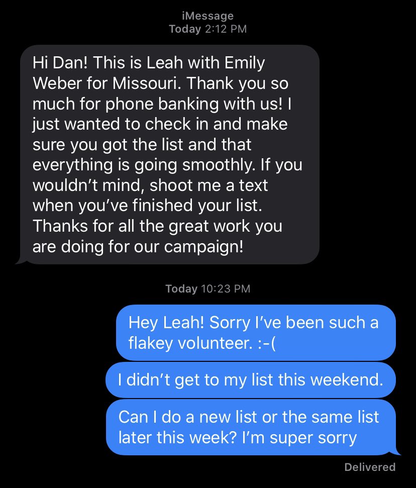 Mac_Danny_'s tweet photo. I’ve officially became that volunteer ever organizer hates. The flakey one! It’s twice I’ve flaked on my phone bank shift. Now I’m telling the world I will show up Wednesday evening to make calls for @Emily4Mo. Keep me to it! #OrganizerProblems #TeamSharice https://t.co/twtxA1tB4b