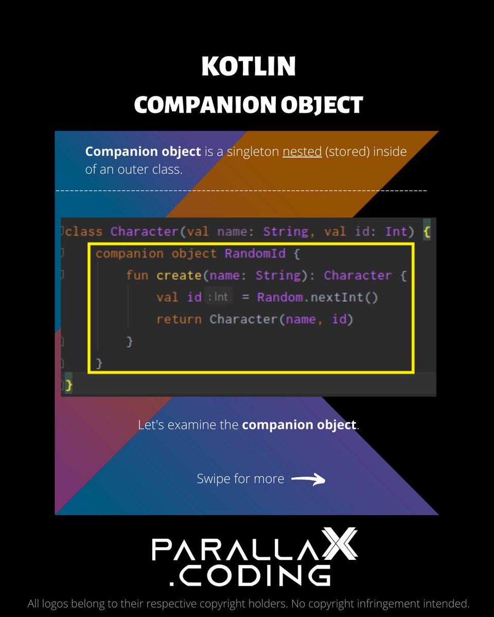 parallaXcoding's tweet image. Kotlin: Learn About Companion Objects, 𝙃𝙖𝙣𝙙𝙢𝙖𝙙𝙚 𝙛𝙤𝙧 𝙮𝙤𝙪 𝙗𝙮 𝙥𝙖𝙧𝙖𝙡𝙡𝙖𝙓.𝙘𝙤𝙙𝙞𝙣𝙜 #app #mobile #coding #android #ios #dev #developer #programming #programmer #code #computer #kotlin #java #100DaysOfCode #software #softwaredeveloper #google #LearnToCode