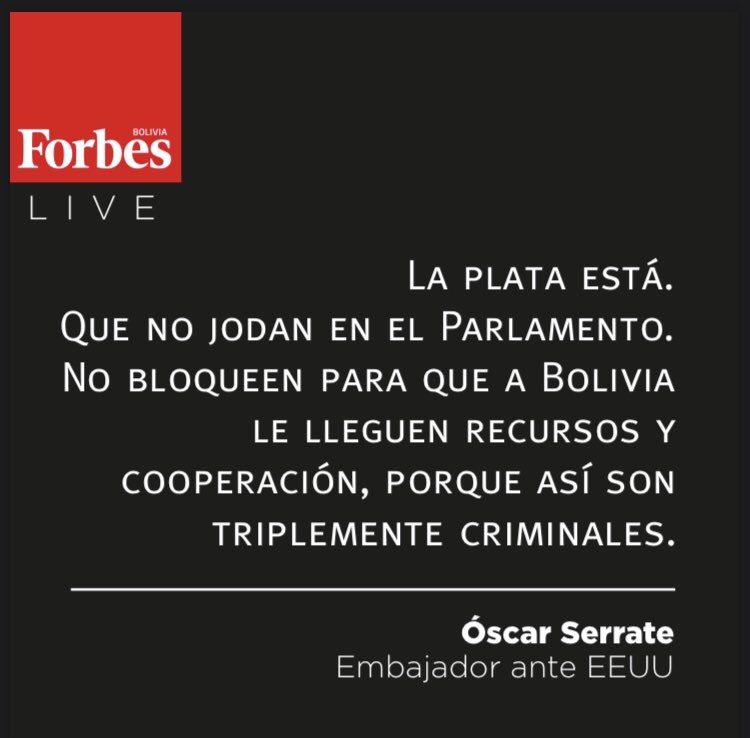 BoliviaForbes's tweet photo. Esta es una de las frases destacadas que nos dejó nuestra entrevista exclusiva con Oscar Serrate, embajador boliviano ante EEUU, en ForbesTv. 

#ForbesBolivia #Bolivia #negocios #economía https://t.co/Qt4sVVWHxf