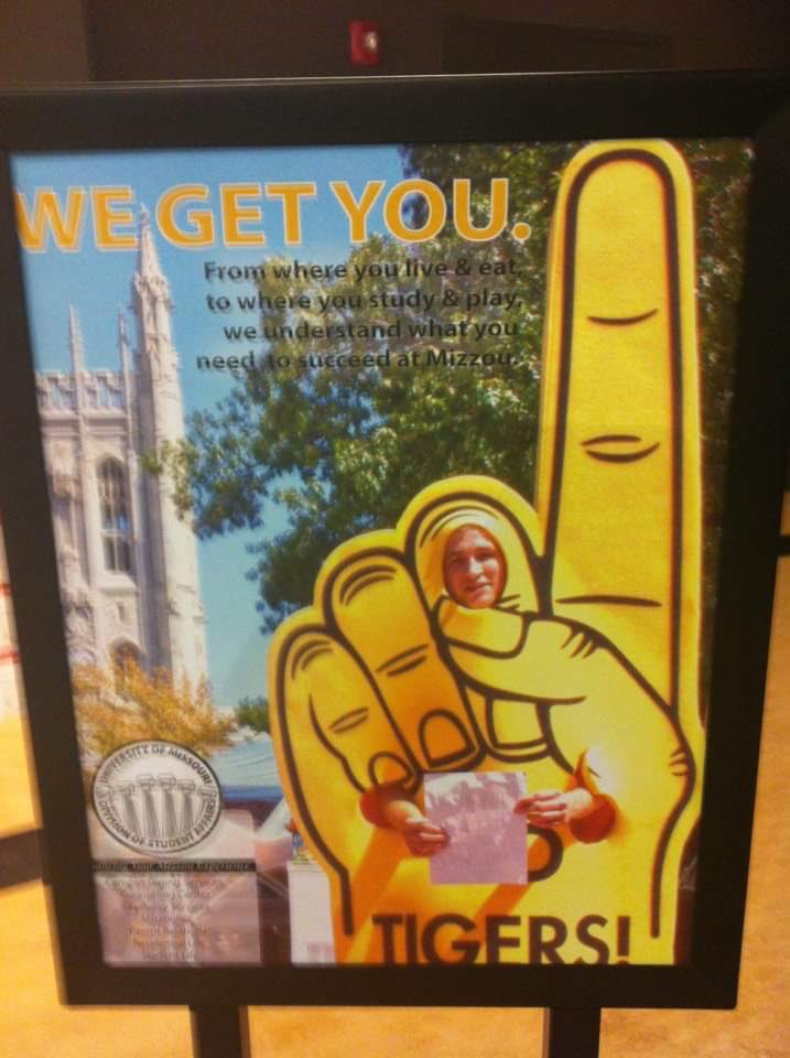 AdymCooney's tweet photo. I was going through my pictures and saw this. This was a @MUTigersLair recruitment attempt as director and when they took the picture I didn’t expect @Mizzou would use it on signs at memorial union. Also this was in August heat... https://t.co/WAvry1v0Vf