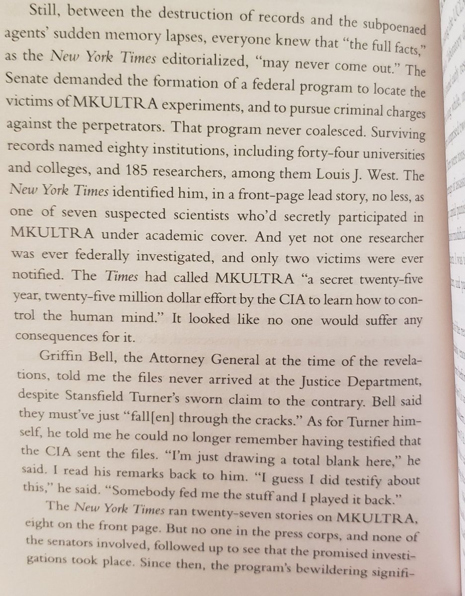 By the way, MKULTRA was exposed in congressional hearings, and led to an outcry, but 1. None of the researchers were ever investigated 2. Only 2 (!!!) victims were located/compensated 3. The CIA got away with never sending its files to congressional investigators