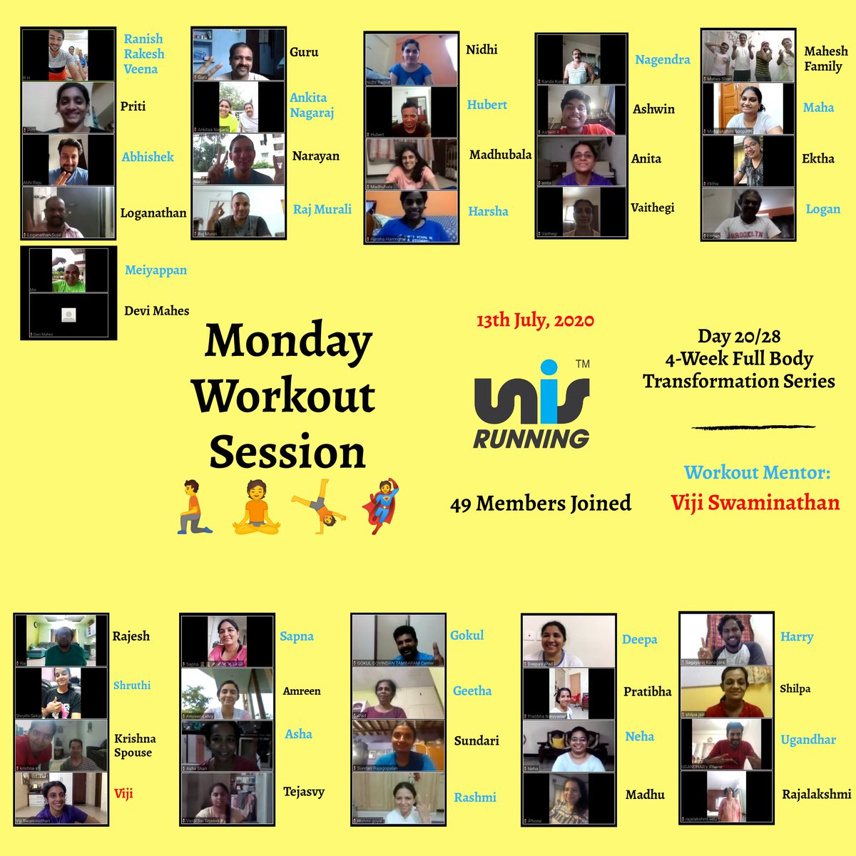 RunningUnis's tweet photo. Day 20/28 Full Body Transformation Series

3 weeks completed with all positivity and smile, also loaded with Grinding. 

Tomorrow: Rest and Recover well to give your best in the following week

One Last week for 4-week challenge to complete

Madras UNIS Running Family https://t.co/vtx0ZFFzN1