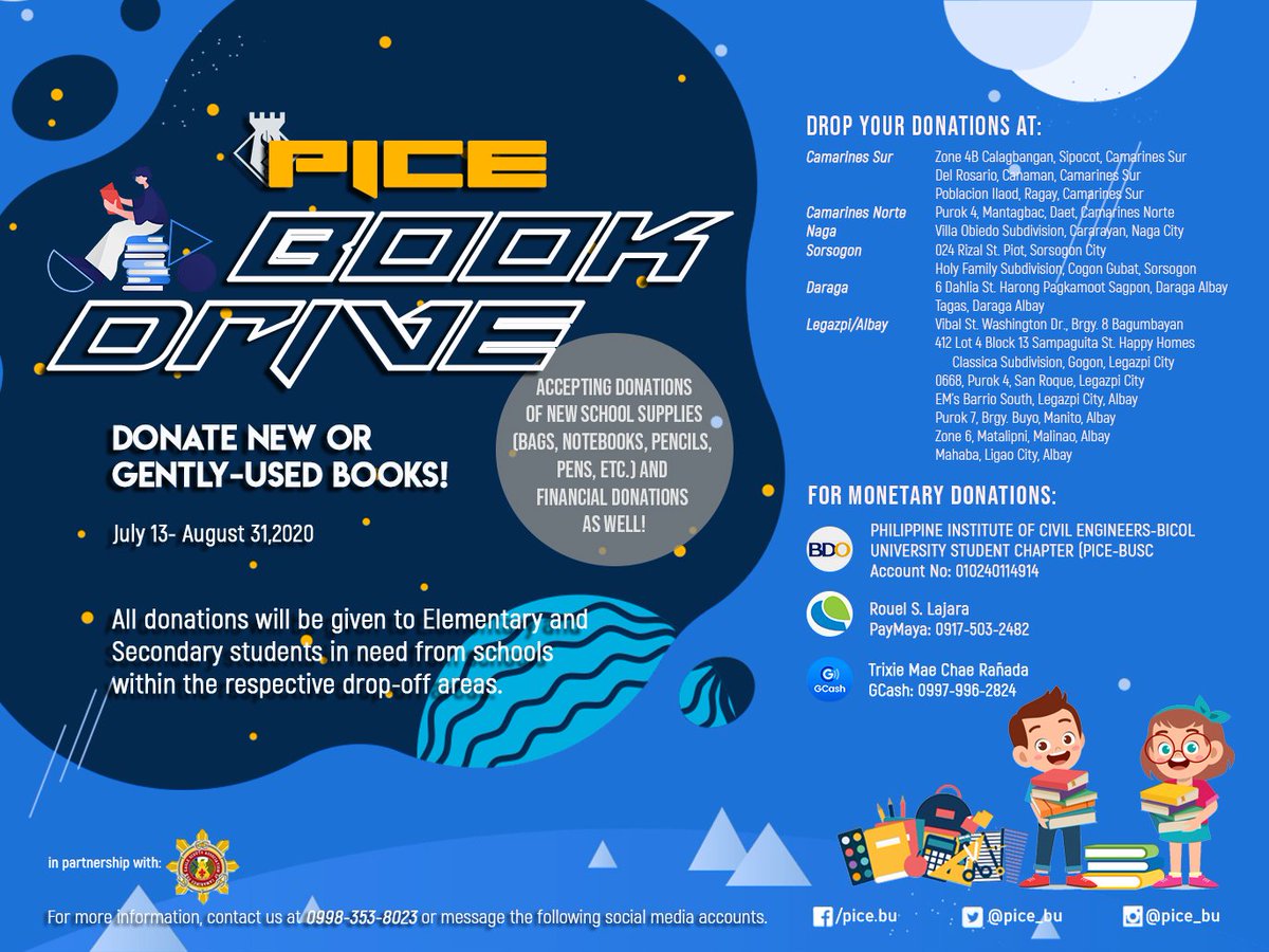 PICEBUSC's tweet photo. 📚 PICE BOOK DRIVE 📚

The Philippine Institute of Civil Engineers — Bicol University Student Chapter (PICE - BUSC) will be conducting a Book Drive in partnership with the Eagle Scout Association of Camarines Sur (ESACS) that aims to gather new or gently used books 

(1/n) https://t.co/CG1WQmsfqk