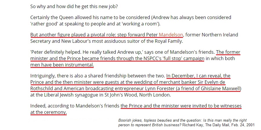 "Peter definitely helped. He really talked Andrew up"❝The Prince and Peter Mandelson were guests at the wedding of Evelyn & Lynn Rothschild—a friend of Ghislaine MaxwellAccording to Mandelson's friends, the Prince & the minister were invited to be witnesses at the ceremony❞