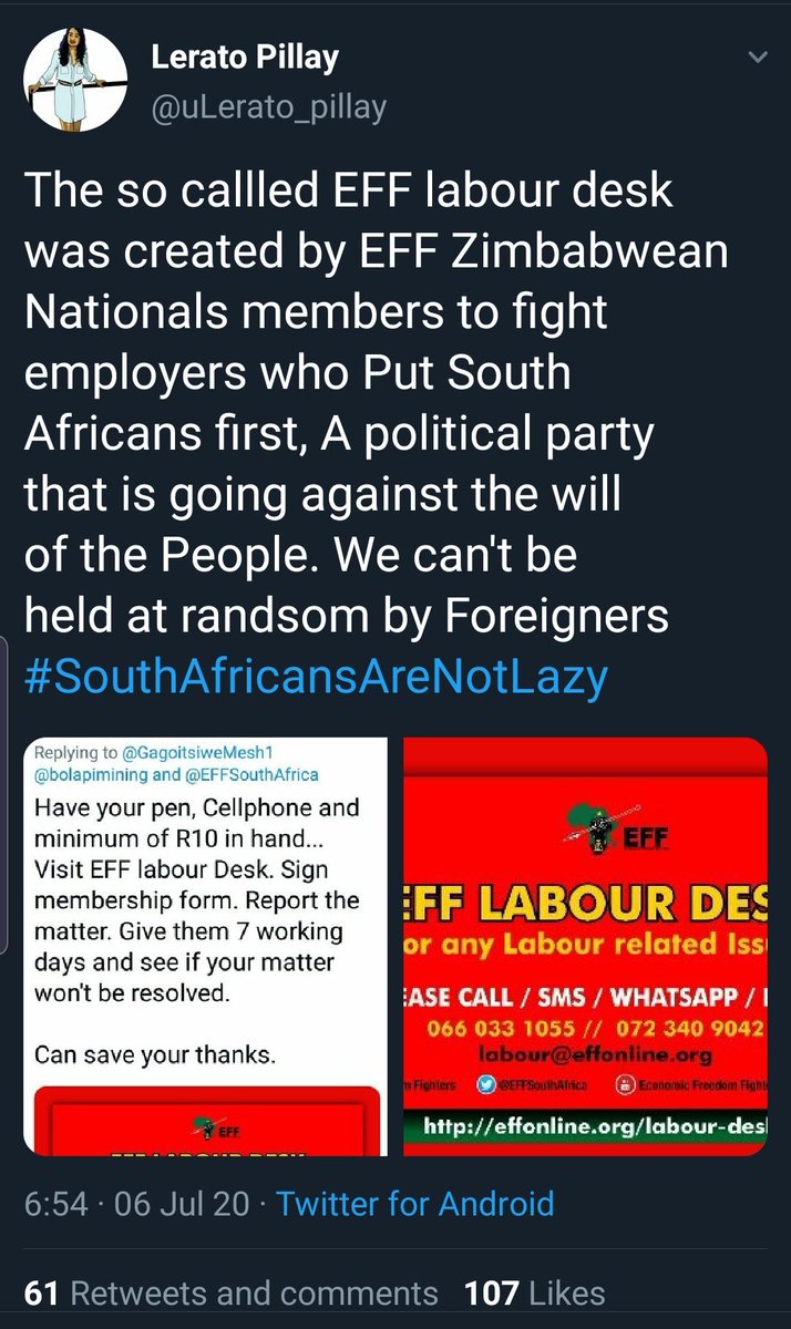 Gwala's tweets frequently contain afrophobic sentiment directed at Nigerians and Zimbabweans living in SA.Hashtags it amplifies are inherently nationalist and serve as dogwhistles for even further afrophobic sentiments.