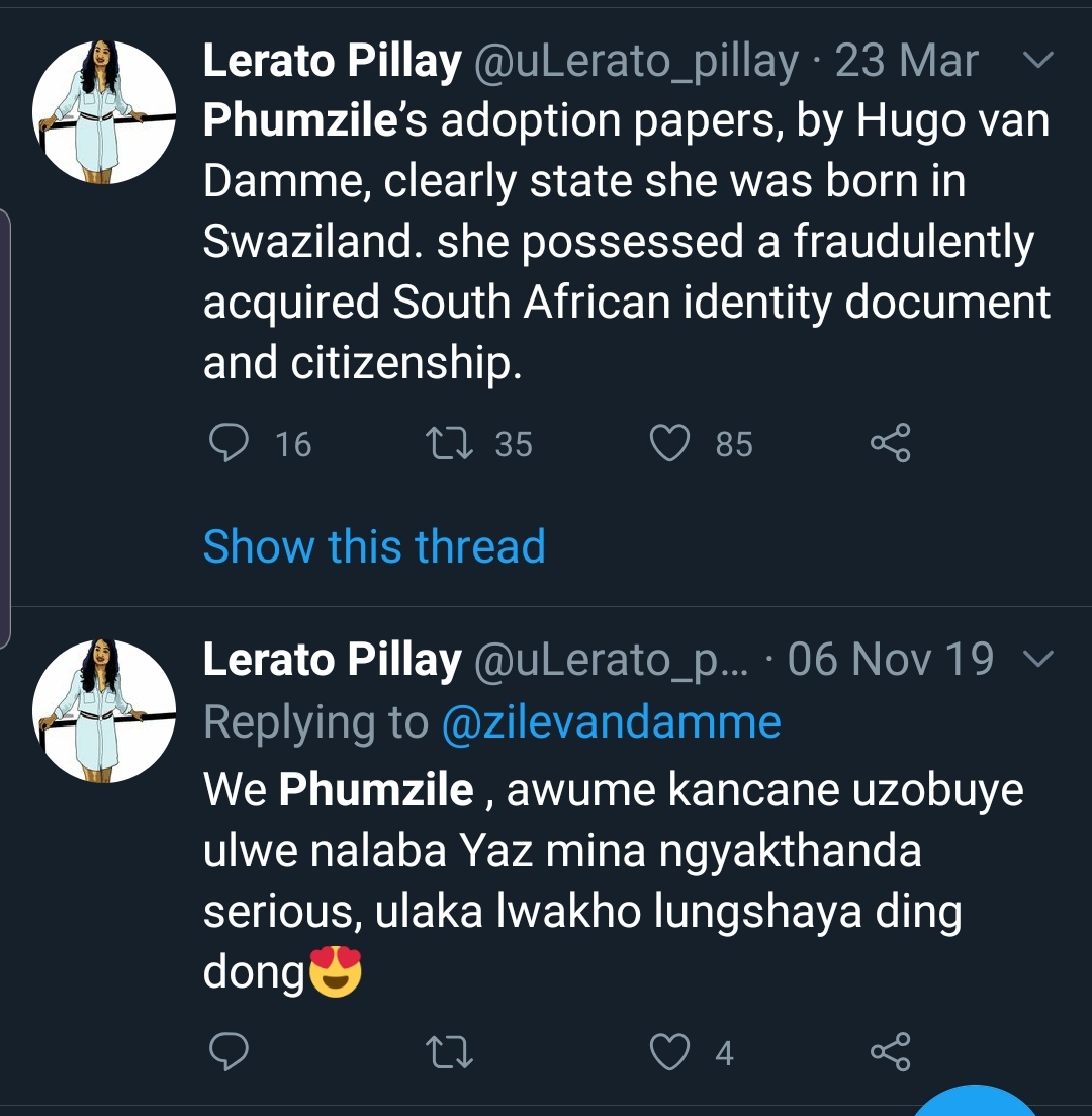 He has also previously fomented sentiments against  @NalediChirwa and  @zilevandamme based on their heritages.(Note the difference in tone in his earlier tweets with Van Damme)