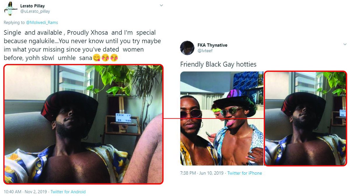Early on  @uLerato_Pillay also still admitted to being a black man.An image stolen from  @lvteef was used as a selfie in one of Gwala's early replies.
