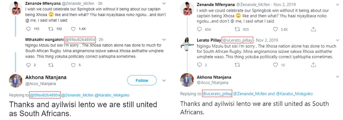 There is evidence that the account changed usernames after it was created, often seen in cached copies of old tweets.The account was initially called @sfiso82648954 (blue) but changed its username to  @uLerato_Pillay (red) somewhere between 7 and 11 November 2019.