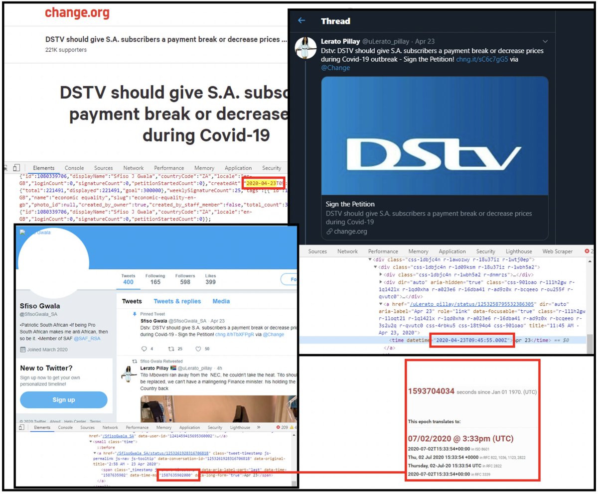 A DSTV petition, created by a FB account "Sfiso J Gwala", called on DSTV to drop its prices earlier this year.Checking the page source showed that  @uLerato_Pillay shared the petition only 2 minutes after it was created.Since Friday, the FB account has been deactivated 