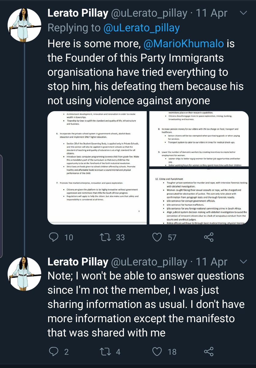 Although  @MarioKhumalo and the South African First political party denies knowing who  @uLeratoPillay is, he apparently knows him well enough to know which of the numerous accounts are real, and which are fake.Both SAF and Khumalo also frequently interact with the account.