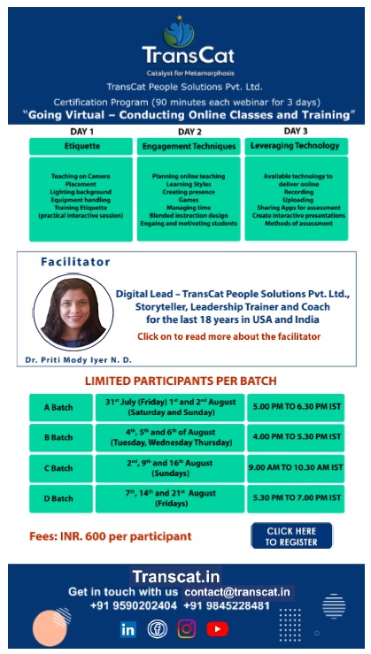 Going Virtual - Conducting #OnlineClasses and #onlinetraining , a Session to learn, understand and ace the skills for online classes.
Register - docs.google.com/forms/d/e/1FAI…