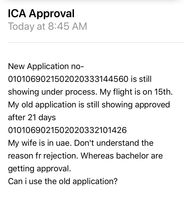 My old application is still showing approved after 30 days. Applied new, got rejected twice.3rd one under process. My family is in uae.Dont understand the reason of rejection. @ICAUAE @NCEMAUAE @mohapuae @uaegov #indiatoUAE #bringbackuaeresidents