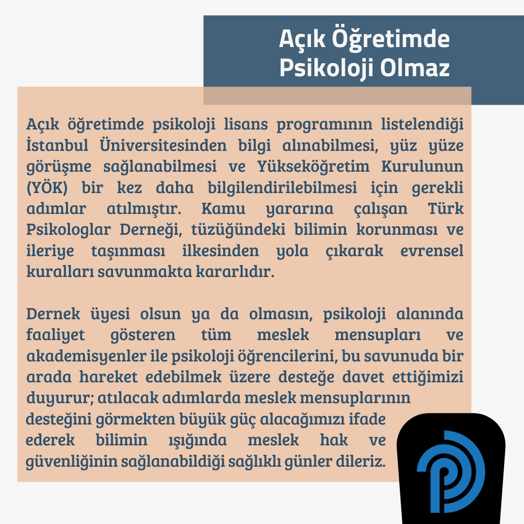 #açıktanpsikoloğaHAYIR #psikolojiaçıköğretimolamaz #açıköğretimdepsikolojiolmaz #meslekyasası

<a href="/istanbuledutr/">İÜ</a> <a href="/yekta_sarac/">Prof. Dr. M. A. Yekta Saraç</a> <a href="/ziyaselcuk/">Ziya Selçuk</a> <a href="/ykalitekurulu/">Yükseköğretim Kalite Kurulu (YÖKAK)</a> <a href="/saglikbakanligi/">T.C. Sağlık Bakanlığı</a> <a href="/Haberturk/">Habertürk</a> <a href="/Hurriyet/">Hürriyet.com.tr</a> <a href="/milliyet/">milliyet.com.tr</a> <a href="/cumhuriyetgzt/">Cumhuriyet</a> @Sabah <a href="/BirGun_Gazetesi/">BirGün Gazetesi</a> <a href="/trt/">TRT</a> <a href="/trthaber/">TRT HABER</a>