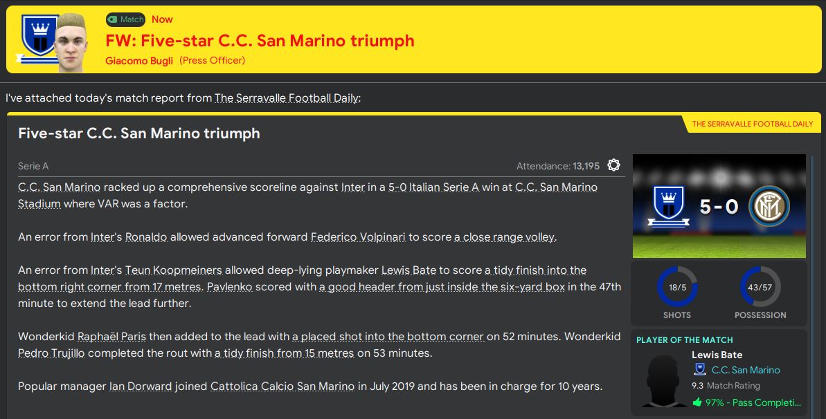 Quite the opening day performance against the defending Serie A champions. Hopefully it bodes well for our title challenge this season...  #FM20