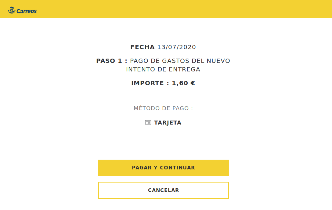 ⚠️¡Alerta email!⚠️ Regresa la campaña que suplanta a <a href="/Correos/">Correos</a> y que intenta robar los datos de la tarjeta de crédito alegando un pago pendiente por la entrega de un paquete. Gracias a  <a href="/Miguel_Arroyo76/">Miguel A. Arroyo</a> #NoPiques