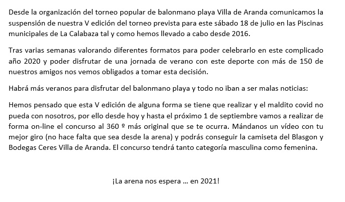 arandabmplaya's tweet photo. Comunicado V edición #balonmanoplaya Villa de Aranda:
#ArandadeDuero https://t.co/nTRKlpLhtP