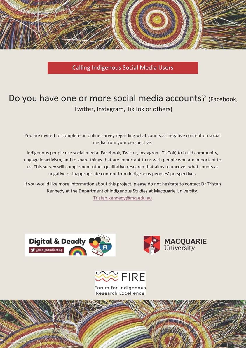 If you would like to contribute to this project on Indigenous peoples and social media, please consider completing this short and anonymous survey.  Please share.
Click here to access limesurvey.mq.edu.au/index.php/9543…