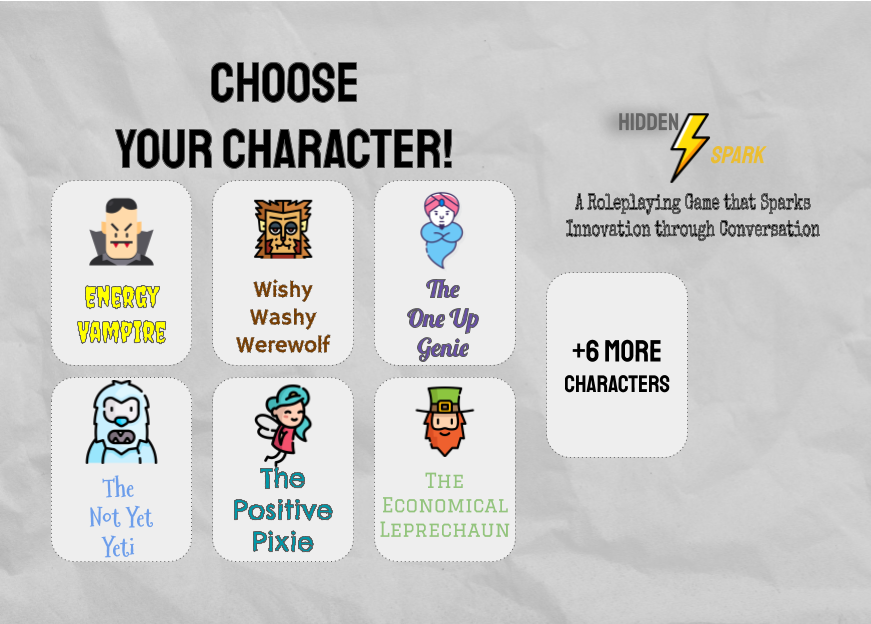 BoardEducator's tweet photo. Hidden Spark, a roleplaying/design thinking game I'm designing is slowly coming along!  Which character would you choose?
@jonathanspike #NYC19 https://t.co/f5YyP6qygC