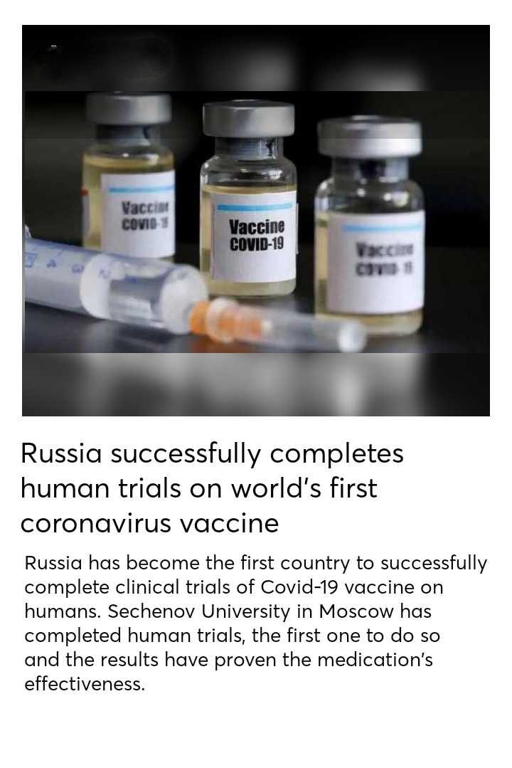 Woah 💃 Russia first nation found first #coronavaccine and successfully tested👍 I pray this vaccine successfully approve by WHO 🙏
#Covid_19 #CoronaUpdatesInIndia