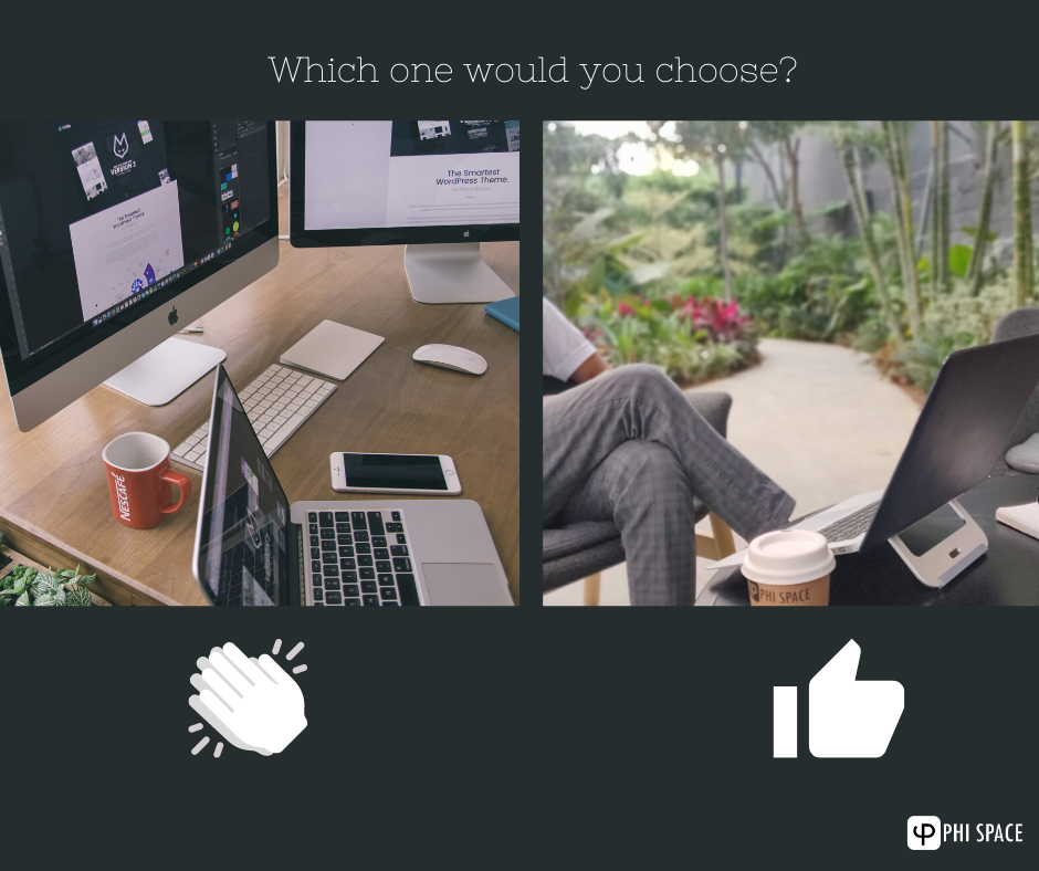 phi_space's tweet photo. Same old boring desk &amp; chair in a confined cubicle or refreshing workspace in the midst of nature? 

React to choose!! https://t.co/5lx8OEkq8b