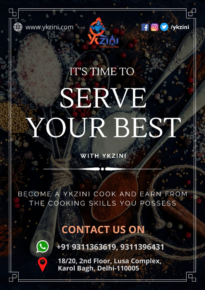 ykzini's tweet photo. Get Cooking Professionals at your doorstep with YKZINI.
#Onlineservices #Professionalservices #Expert #Stayhome #COVID19 #OnlinebookAppointment #Startup #Ykzini #makinglifeeasy #cookservices #restaurantsofdelhi #delhifoodie #panindia #hospitalityindustry #personalchefservices https://t.co/dq9g9pUutr