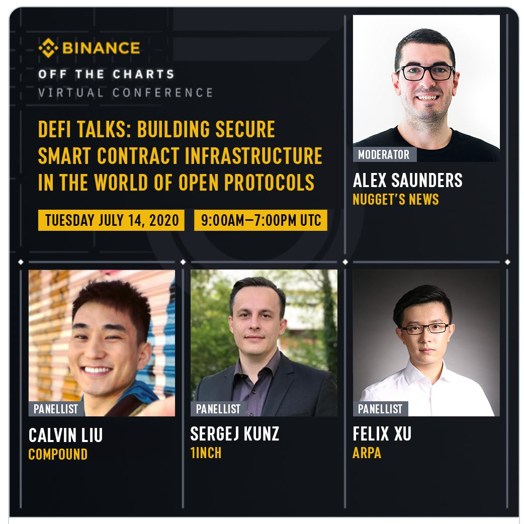 AlexSaundersAU's tweet photo. Pleased to announce I'll be hosting the upcoming #Defi panel at @binance's Off The Charts virtual conference. Joining me will be these legends:
@cjliu49 - @compoundfinance 
@deacix - @1inchExchange 
@felixmxu - @arpaofficial https://t.co/0dPbGinIqt