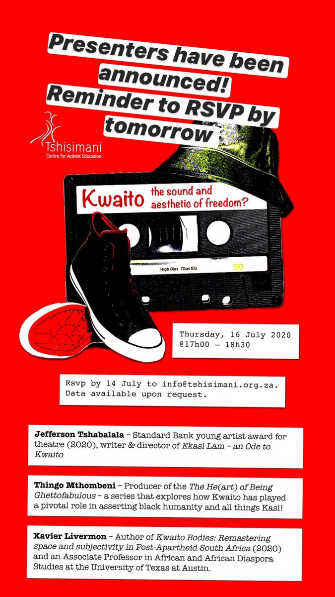 Tshisimani's tweet photo. Reminder to RSVP to take part in this exciting webinar which looks at the contested legacy of Kwaito and the role in played in reflecting the sound and culture of South Africaโs transition to democracy in the 90โs. This event marks the final public event of our #TransitionSchool https://t.co/ywIvzageql