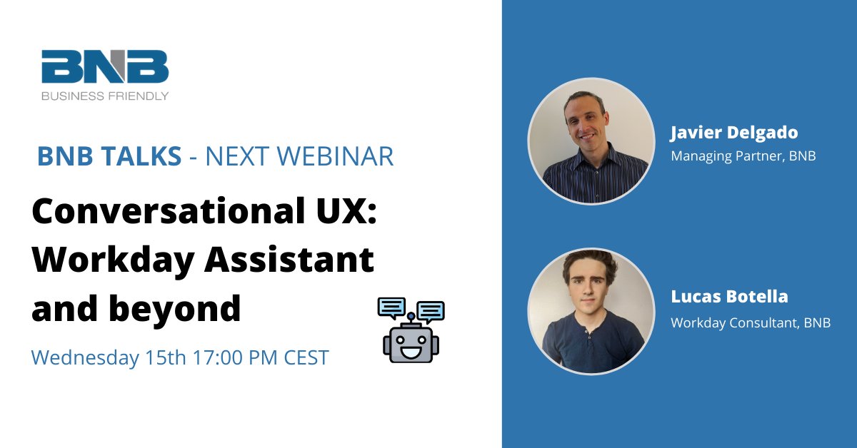 cgarciagalan's tweet photo. Find out how to provide a smart, engaging and useful employee experience for your organization.
Sign up for our next #BNBTalks session to learn how to scale conversational user experience in Workday. https://t.co/wCYjQVUSJa  #ConversationalUX #AI #ML #Webinars 
@javieridelgado https://t.co/MM0FFZt0ke