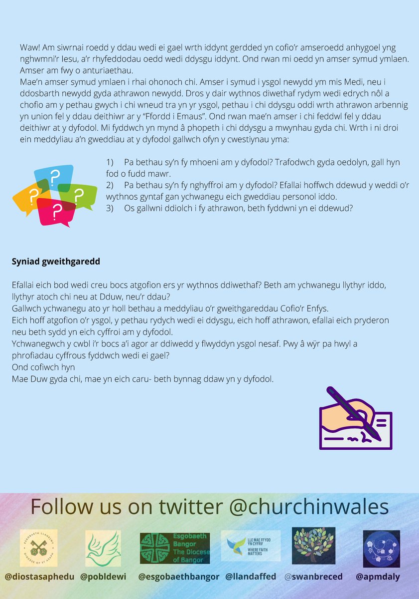 CYFGreatBrecon's tweet photo. Hope and Promise resource in Welsh and English - Moving on, school transition 🌈 #greaterbrecon @swanbreced @Swanbrec @ChurchinWales
#addewidagobaith #hopeandpromise #MondayMotivation #mondaythoughts #teacher5oclockclub #school #transition #movingon #welsh #English #resources https://t.co/TuSHvTAX7T