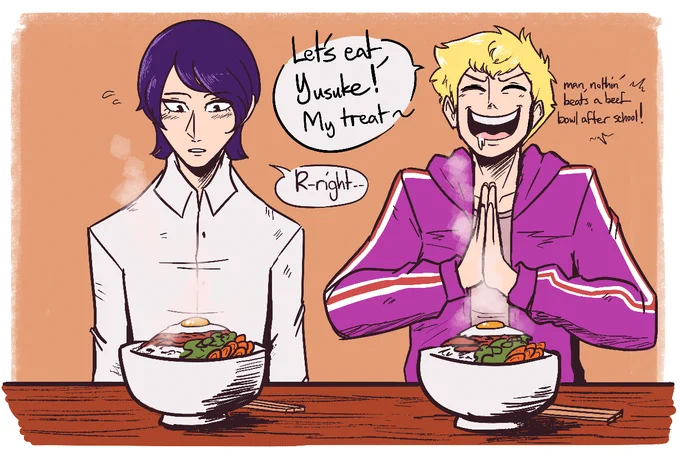 Was sifting around my old doodles and really liked how this Ryuji and Yusuke interaction was basically canon now. 
