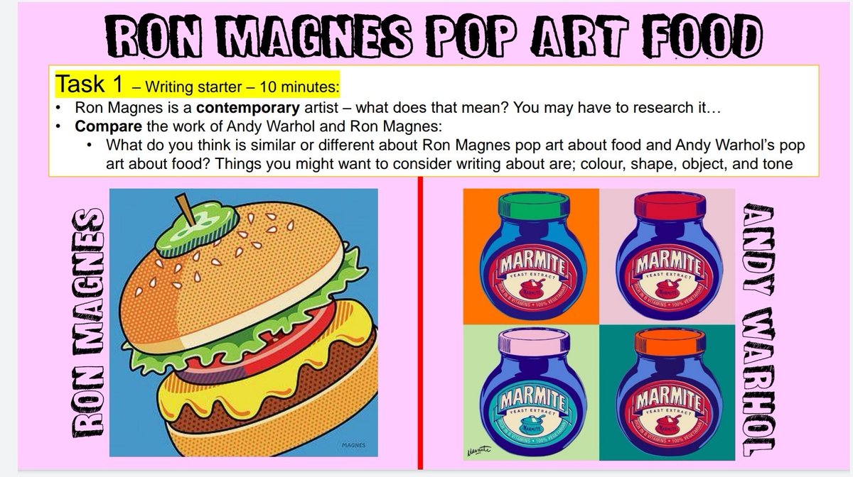 visualarts_sbs's tweet photo. Today is the last of Ks3 art home learning of the year! 🙊
Year 7 artists will be looking at and making their own #RonMagnes inspired pop art piece based on his food series 🍩🍕🌭🍔 #sbsart #remotelearning #NSEADcreate https://t.co/Pgm2sbv4us